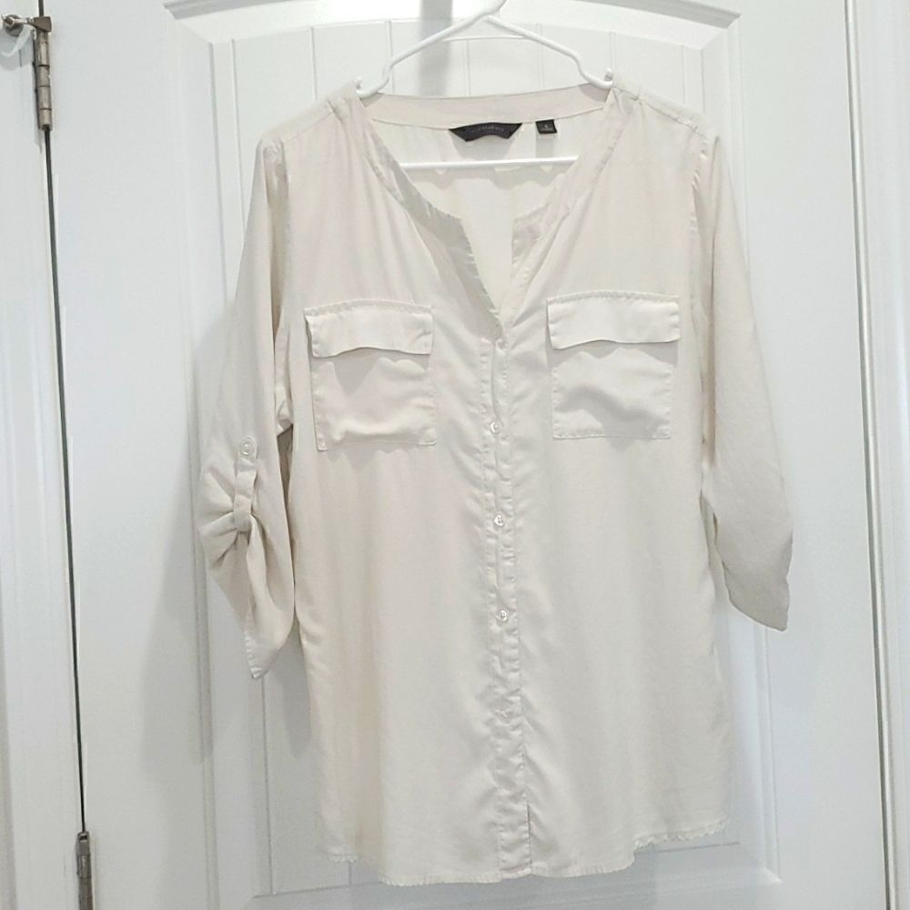 Investments 100% Silk Cream Button-Front Utility Blouse Roll-Tab Sleeves
